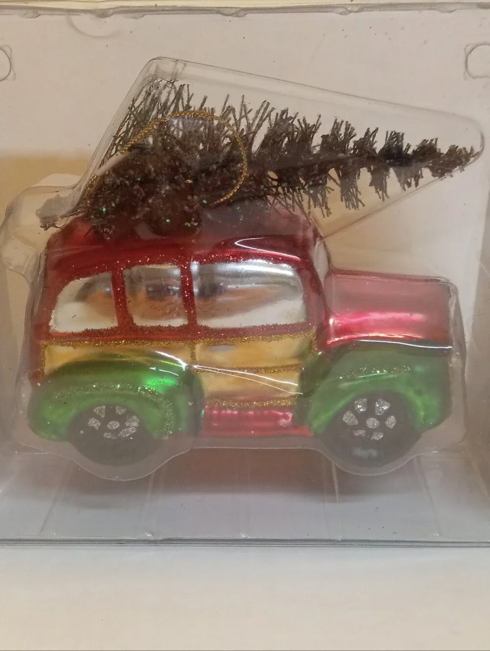 SEARS BLOWN GLASS WAGON CAR CHRISTMAS ORNAMENT~BRINGING HOME TREE VINTAGE